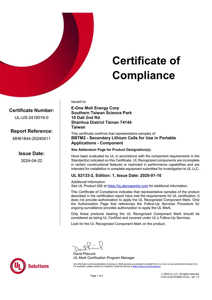 UL product certification information