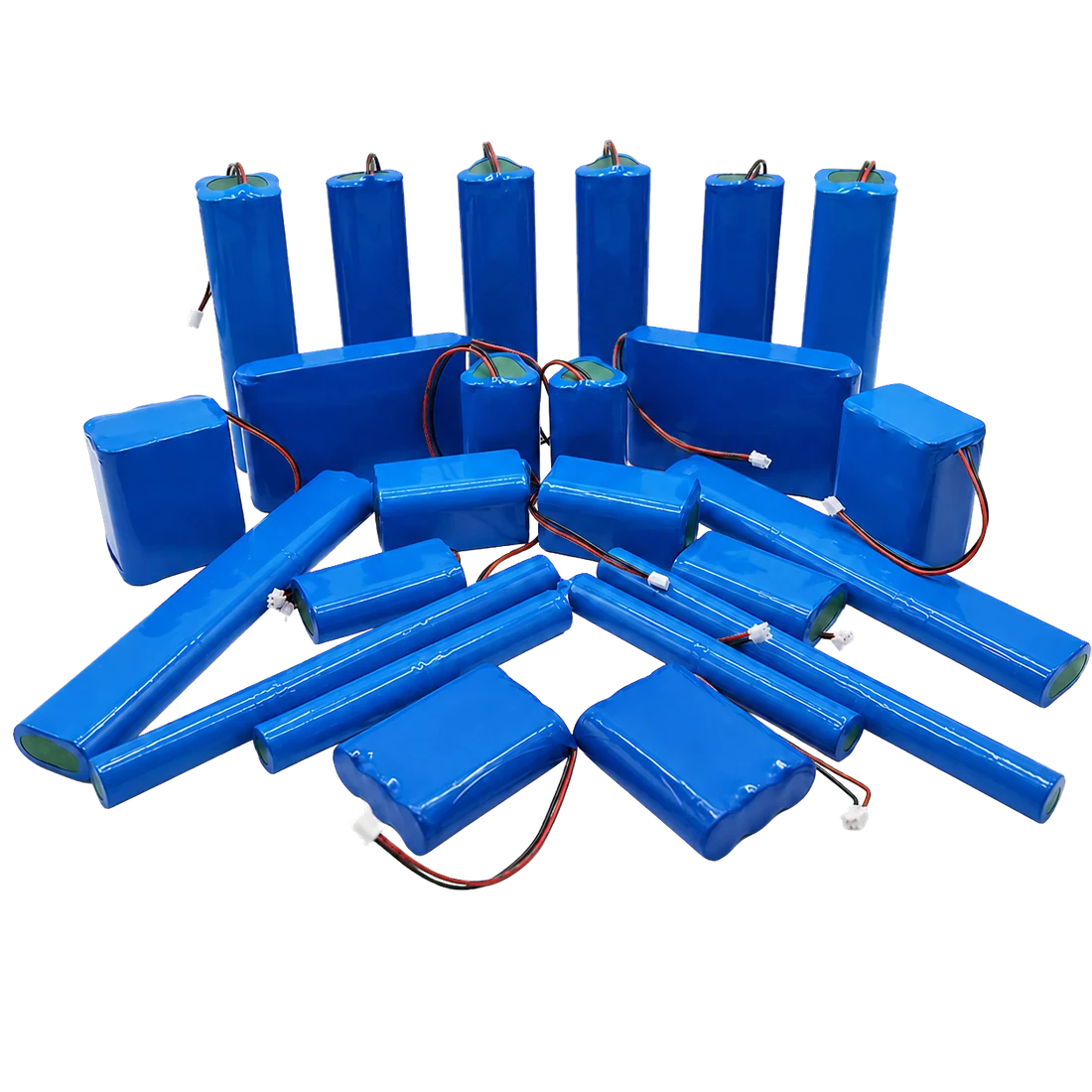 Blue custom battery pack examples with different structures and wiring configurations